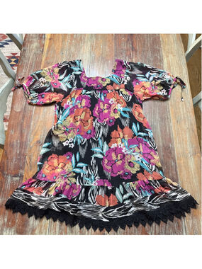 Rapsodia Boho Mixed Print Mini Dress Square Neck Crochet Lace Small Whimsy